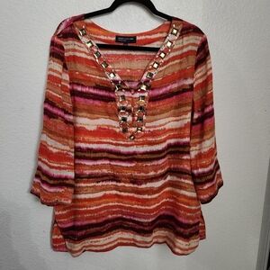 Linen Jewel Top Women's Size Xlarge Coastal Grandma Vacation Resortwear